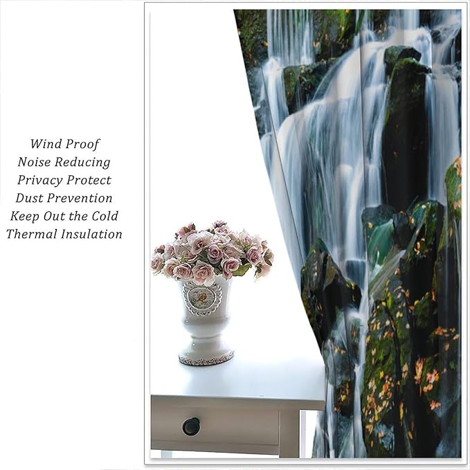 Waterfall Blackout Window Curtains, Forest Nature Landscape Theme Pattern Print Window Drapes, for Living Room Bedroom 72" W X 63" L