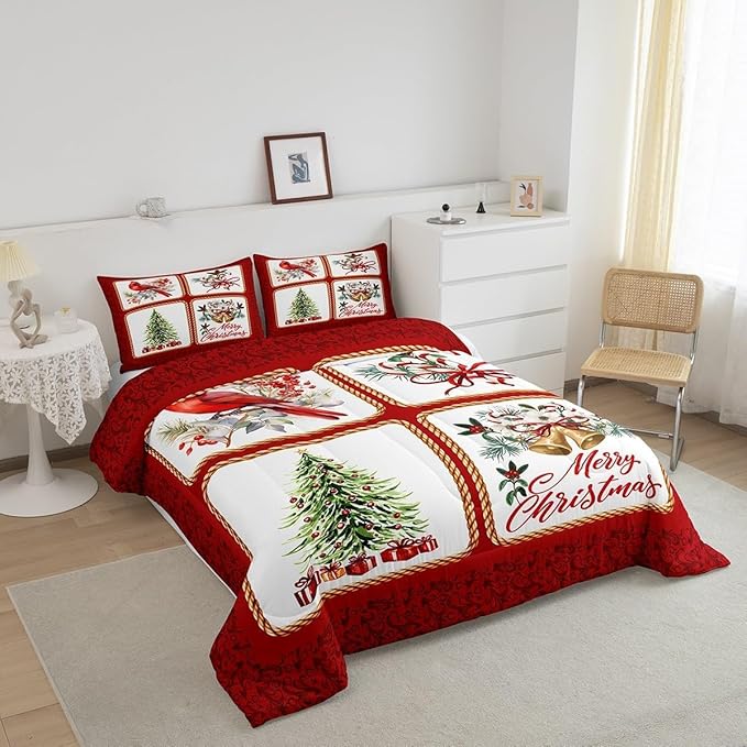 Christmas Plaid Comforter Set Toddler Size,Berries Cardinals Xmas Pine Print Bedding Set for Kids Boys Girls Adult,Floral Bells Red Lace Grid Patchwork Quilted Set with 1 Pillowcase, Red White