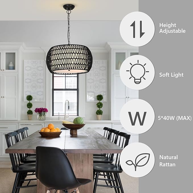 Farmhouse Chandeliers for Dining Room,5-Lights Rattan Boho Chandelier Light Fixture,Black Woven Dining Room Light Fixture with Fabric Shade,Modern Hanging Pendant Lighting for Kitchen Island Bedroom