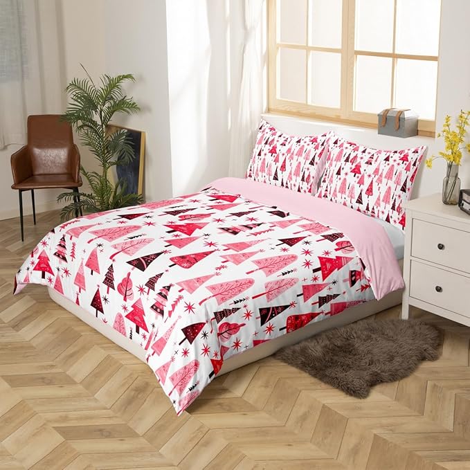 Manfei Pink Xmas Trees Duvet Cover Set King Size, Christmas Theme Bedding Set 3pcs for Kids Boys Girls Adults, Happy New Year Comforter Cover Soft Polyester Quilt Cover with 2 Pillowcases,No Comforter