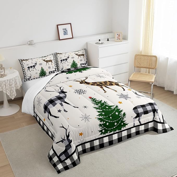 Kids Deer Silhouette Comforter Set Full Size,Snowflake Pine Trees Bedding,Girls Boys Adults Bedroom/Xmas Cabin Decor,Geometric Grids Plaid Down Comforter,Rustic Farmhouse Duvet Insert,2 Pillowcases