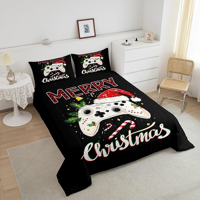 Gamepad Xmas Theme Bedding Set Full Size,Santa Claus Video Games Comforter Set for Kids Boys Girls Room Decor,Merry Christmas Duvet Insert 3Pcs,Gaming Controller Black Quilt Set,2 Pillowcases