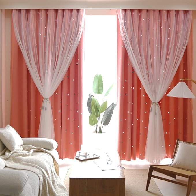 Kinryb Princess Curtains for Girls Bedroom with Sheer Overlay,Double Layer Curtain for Living Room with Star Cutout, Curtains for Kids Room (70 W*95 L Inches,2 Pcs Coral)