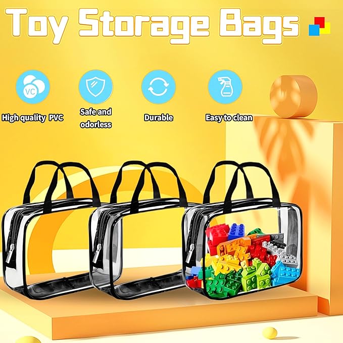 6PCS Toy Storage Bags, Clear Waterproof Toy Organizer Bags with Labels, Suitable for Storing Building Blocks, Puzzles, Stationery, and Books (6PCS L: 11.8 * 8.66 * 3.9Inch)