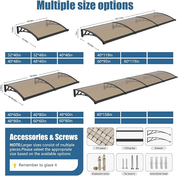 40''*120'' Window and Door Exterior, UV/Rain/Snow/Sunlight Protection Sheet,UPF 50+ Polycarbonate Overhang Canopy,House Overdoor Awnings for Door Entrance Outside/Patio/Porch/Deck