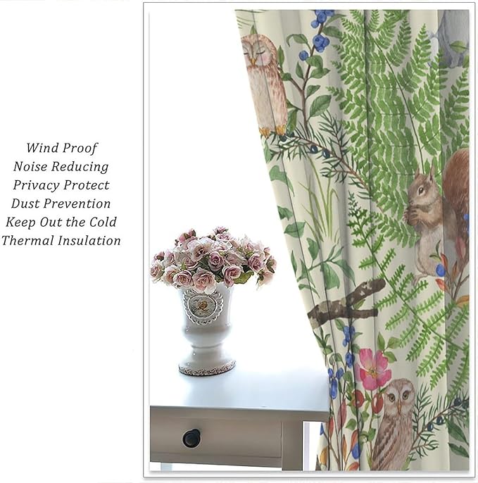 Forest Animal Curtains, Kids Rustic Wild Animal Window Treatments Watercolor Cute Woodland Fox Hedgehog Window Drapes for Nursery Toddler Bedroom 63x72in