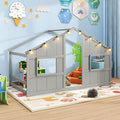 Twin Montessori Floor Bed with Roof, LED Light, Wood House Bed Frame with Headboard and 2 Windows, Low to Ground Cute Playhouse Bed for Kids, Girls, Boys, Without Slats (Grey)
