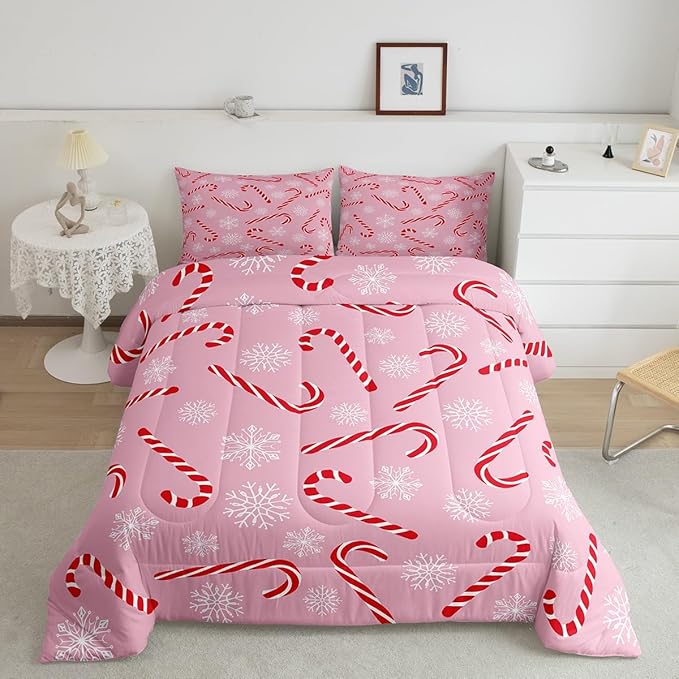 Erosebridal Xmas Candy Cane Full Bedding Set 7 Piece,Merry Christmas Bed in A Bag for Kids Boys Girls,White Snowflake Comforter Set Pink Christmas Ornaments Sheet Set with Comforter