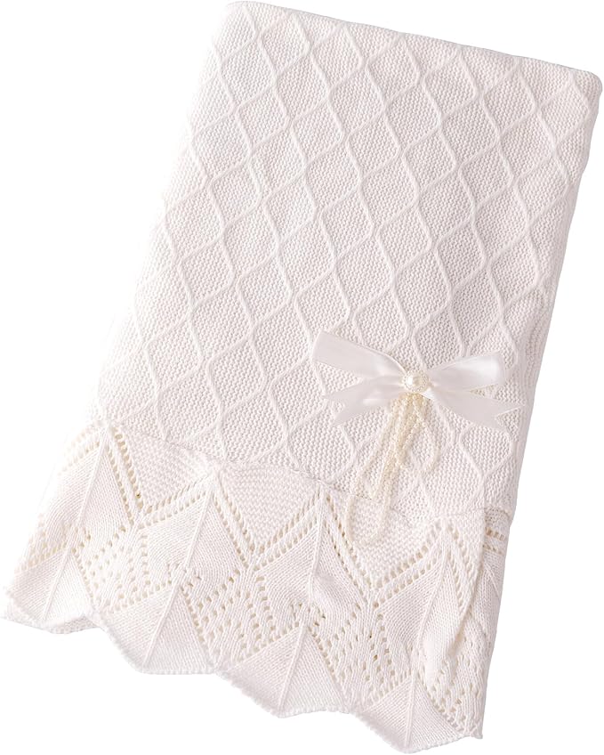 Booulfi Knit White Baby Blankets Neutral,Crib Stroller Newborn Blankets for Boys Girls,Cotton Lace Crochet Winter Blanket Nursery Blanket New Baby Essentials, 38X39