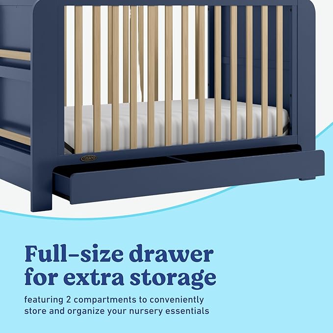 Graco Read-with-Me 4-in-1 Convertible Crib with Drawer (Midnight Blue with Driftwood) - GREENGUARD Gold Certified Converts to Toddler Bed, Daybed, and Functional Bookshelves