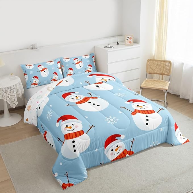 Feelyou Merry Christmas Bedding Set Soft for Boys Girls, Snowman Comforter Set Full Size Snowflake Duvet Quilt Microfiber Bedroom Decor 3 Pcs with 2 Pillow Cases