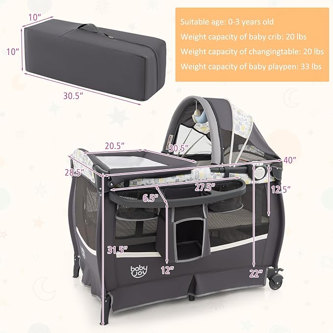 BABY JOY 4 in 1 Pack and Play, Portable Baby Playard with Bassinet & Flip-Away Changing Table, Canopy, Infant Bassinet Activity Center with Storage Basket, Oxford Bag from Newborn to Toddlers