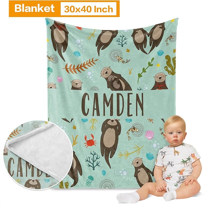 Custom Crib Bedding Set - Marine Animals Design Personalized Name Baby Nursery Bedding 3 Pcs Set - Chic Soft Blanket, Sheet, Pillowcase for Newborns Boys Girls Gifts Color20