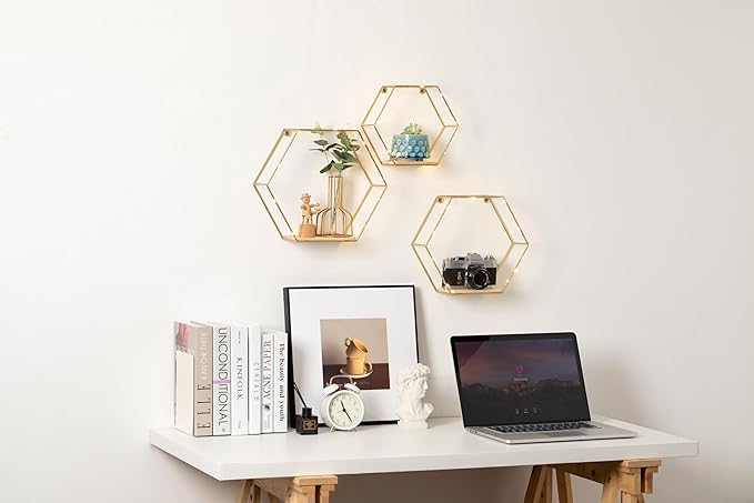 Large Size Golden Hexagon Shape Floating Shelves with LED Lights Wall Decor,Gold Metal Wire and Wood Base Wall Mounted Shelf Decorations for Home Bedroom Living Room - Set of 3