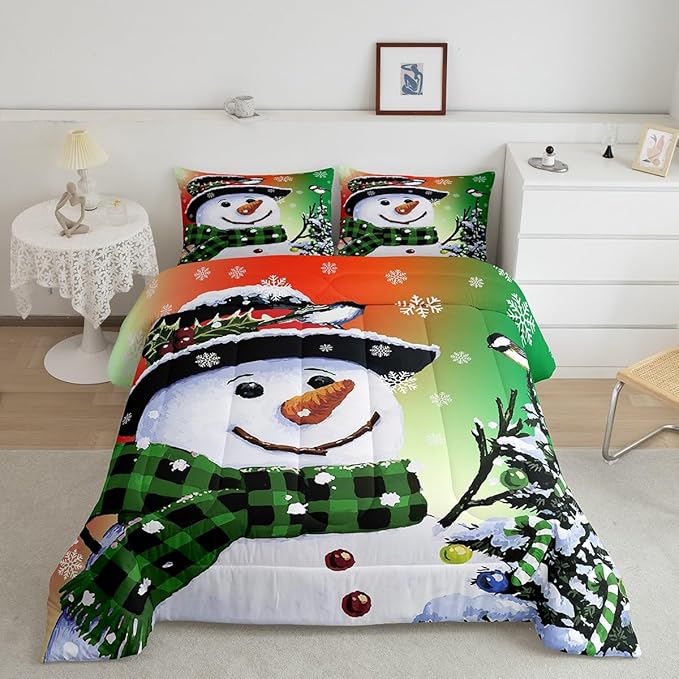 Feelyou Kids Christmas Theme Decorations Bedding Set Xmas Snowman Comforter Set for Boys Girls Snowflake Kawaii Cute Comforter Orange Red Green Quilt Set Bedroom Collection King Size
