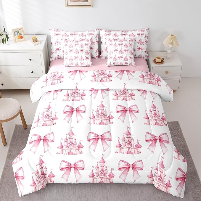 7 Pieces Pink Bowknot Kids Comforter Full,Castle Tale Princess Toddler Bedding Set,Bow Tie Butterfly Knot Girlish Romantic Fashion（Comforter+Fitted+Flat Sheet+2 Pillowcases+2 Throw Pillow Covers）
