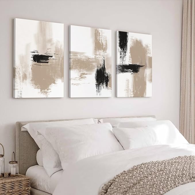 Beige Abstract Wall Art Painting Set of 3 Neutral Canvas Wall Art Prints Black Beige Modern Wall Decor Minimalist Art Pictures Abstract Modern Artwork for Room Bedroom 24x36 Inch Framed