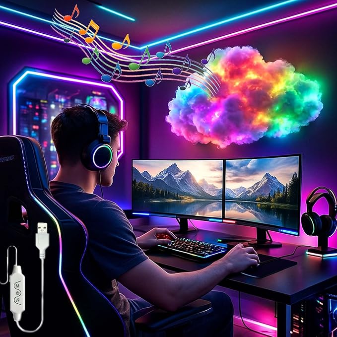 LED Cloud Light with Music Rhythm,DIY USB-Powered Thundercloud LED Light Decor for Bedroom & Gaming Room - USB Powered,Vibrant Glow, No Drill Roof for Christmas/New Year Gifts (19.6ft)