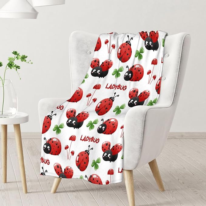 Ladybug Blanket for Women - Cute Lady Bug Print Gifts - 60 x 80 Inches White Fuzzy Throw Blankets Stuff for Bed, Living Room