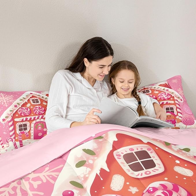 jejeloiu Kids Christmas Theme Comforter Set Twin Size Xmas Gingerbread Man Candy Cane House Bedding Set for Boys Girls Teens Hot Pink Winter Happy New Year Duvet Quilt Room Decor