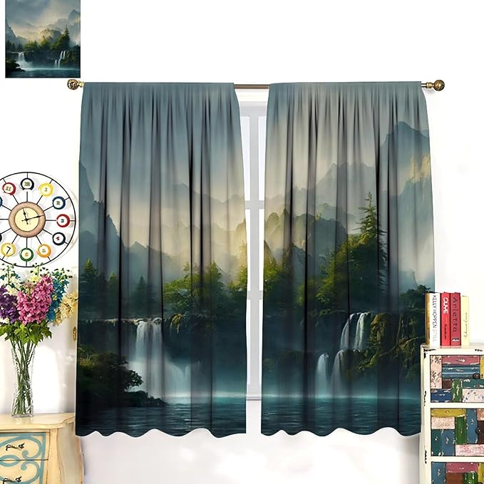 Landscape Theme Waterfall Blackout Curtains, Waterfall Mountains Jungle Printed Natural Scenery Window Drapes, for Bedroom Living Room 42" W X 63" L