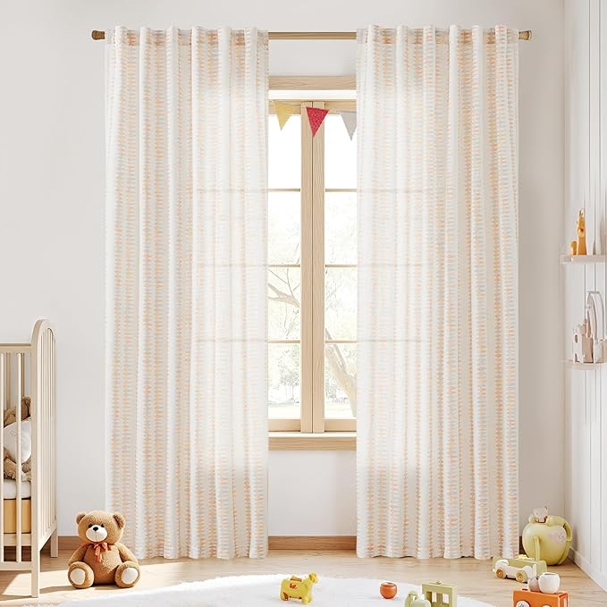 jinchan Linen Nursery Curtains for Living Room Boho Curtains for Bedroom Kids Room 84 Inches Long Pink Geometric Printed Farmhouse Drapes Rod Pocket Window Treatment Curtain Set of 2 Panels Peachy