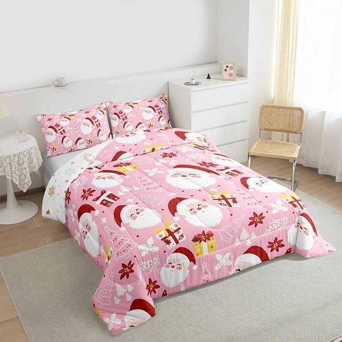 jejeloiu Santa Claus Comforter Set Full Size Merry Christmas Bedding Set for Kids Boys Girls Xmas Themed Duvet Quilt Pink Bedroom Decor