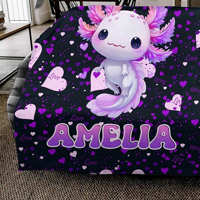 Ship Next Day, Custom Baby Blanket with Name for Girls Boys, Cute Axolotl Flannel Blankets- Printed in USA, Personalized Name Blankets for Kids Teens, Christmas Birthday Blanket Gifts for Daughter Son