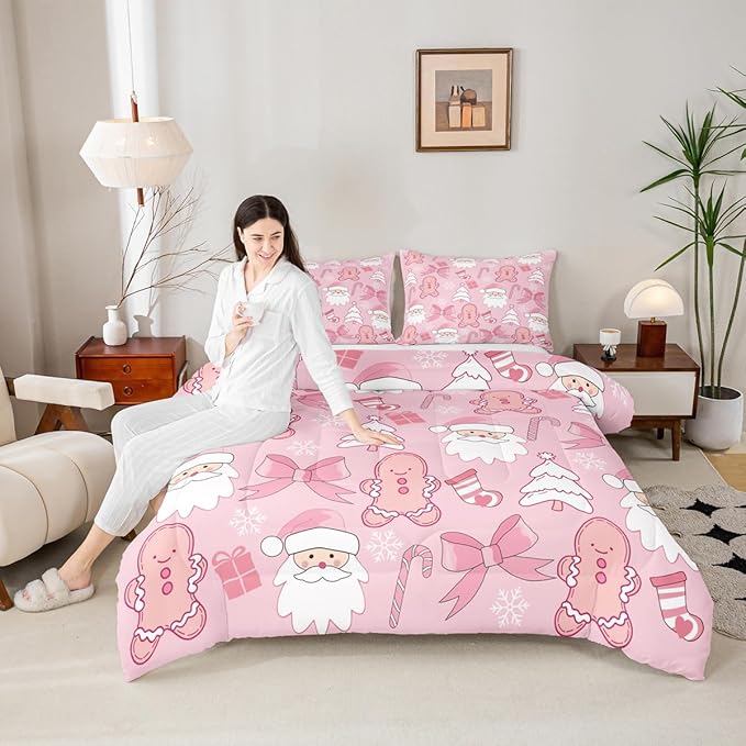 Feelyou Pink Christmas Bedding Set Soft for Boys Girls, Santa Claus Comforter Set Queen Size Gingerbread Man Duvet Quilt Microfiber Bow Candy Cane Bedroom Decor 3 Pcs with 2 Pillow Cases