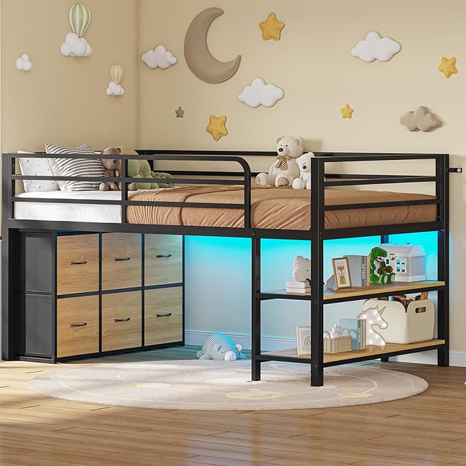 BTHFST Low Loft Bed Twin Size with 6 Storage Drawers, LED Lights, 2 Tier Storage Shelves, Kids Metal Loft Bed with 15" H Stairs & Safety Guardrail, Spave Saving, Black & Natural