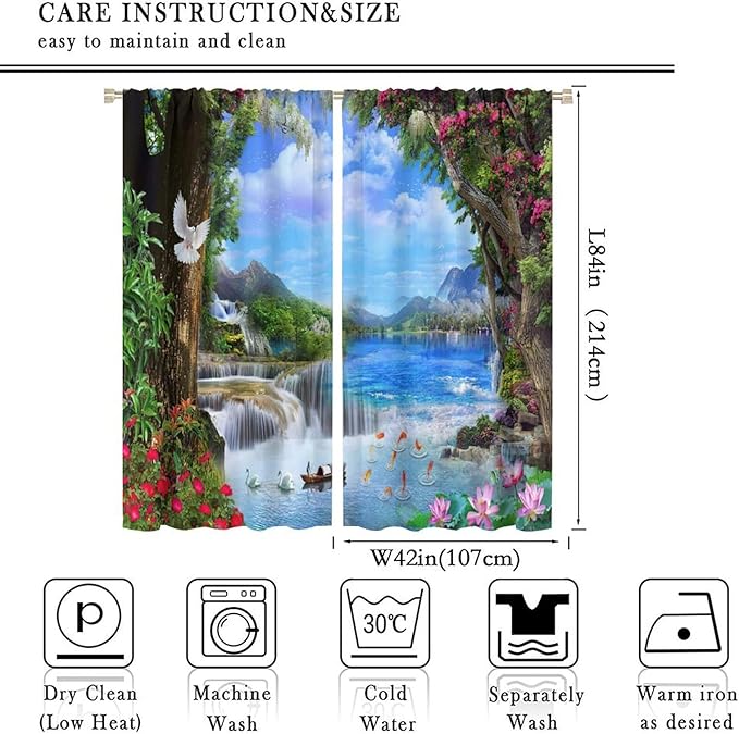 Spring Jungle Waterfall Blackout Window Curtains, Tropical Rainforest Floral Tree Waterfall Landscape Print Window Drapes, for Living Room Bedroom 84x84in