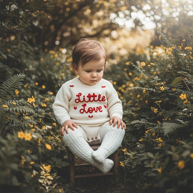 Lesimsam Newborn Baby Boy Girl Valentines Day Outfit Oversized Embroidery Long Sleeve Knit Sweater Bubble Romper Bodysuit