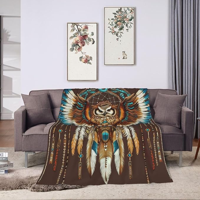 Owl Blanket Native American Decor Throw Blanket Super Soft Flannel Lightweight Fluffy Plush Fuzzy Fleece Indian Blanket Gifts for Girl Woman Adults Man Boys Kids Baby for Bed Sofa 60"X80"