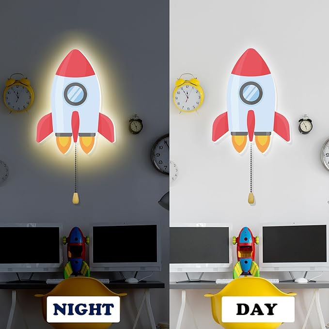 Space Rocket Night Light Wall Lamp Sleeping Nursery Lighting Cute Floating Battery Operated Hanging Lamp for Baby Boys Girls Bedroom Room Nursery Wall Decorations