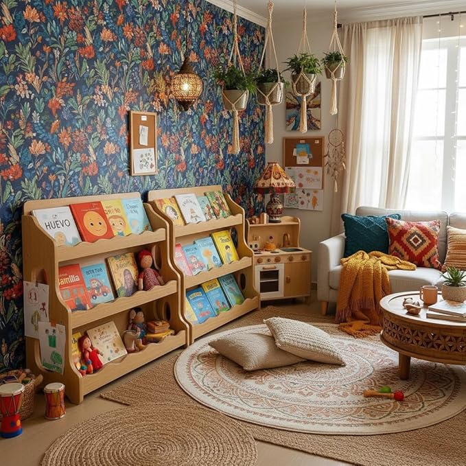 Kids Bookshelf Wooden Montessori Book Shelf Dutch Design 3Tier Scalloped,NaturalMapleWood Pattern