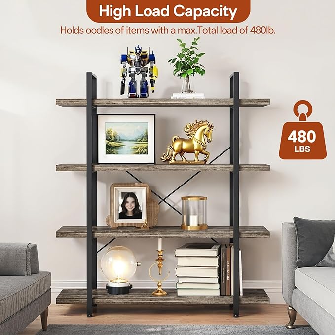 Bookcase, 47 Inch Wide Wood Bookshelf, 120lbs Shelf Capacity Estante, Rustic Open Shelving Industrial Display with Reinforced Horizontal Shelves for Living Room Bedroom Office (4 Tier - Grey)