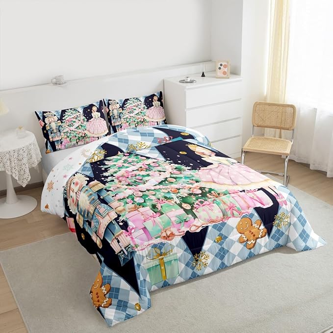 jejeloiu Christmas Nutcracker Comforter Set Toddler Size Gingerbread Man Bedding Set for Kids Boys Girls Xmas Tree Duvet Quilt Dark Blue Bedroom Decor