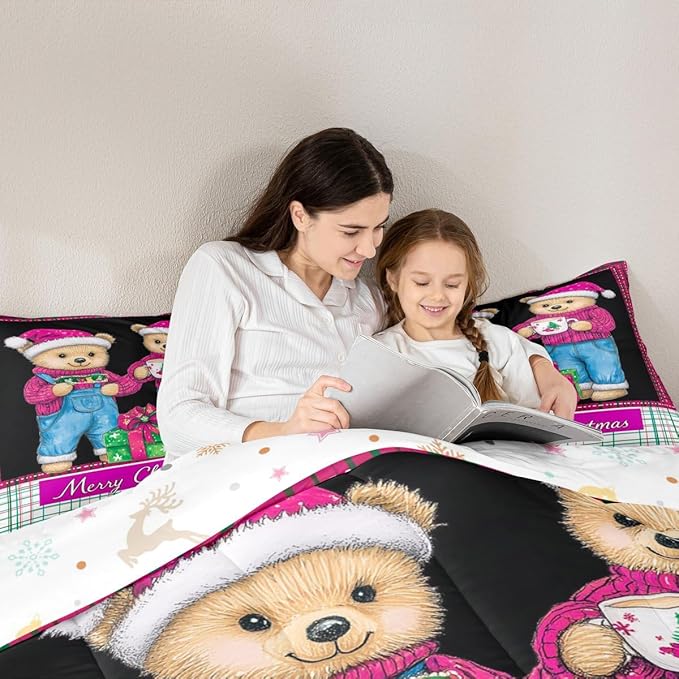 Feelyou Merry Christmas Kids Comforter Set Twin Size Cute Bear Bedding Set Duvet Quilt for Kids Boys Girls Bedroom Winter Decor Microfiber Ultra Soft Breathable