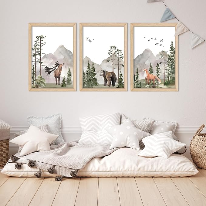 YWJKWLGS Wild Woodland Animals Nursery Wall Art Decor 16"×24" Set of 3 Jungle Theme Safari Forest Deer Bear Fox Posters Wood Framed Sign for Children's Boys Girls Room Watercolor Prints Hanging (Wood)