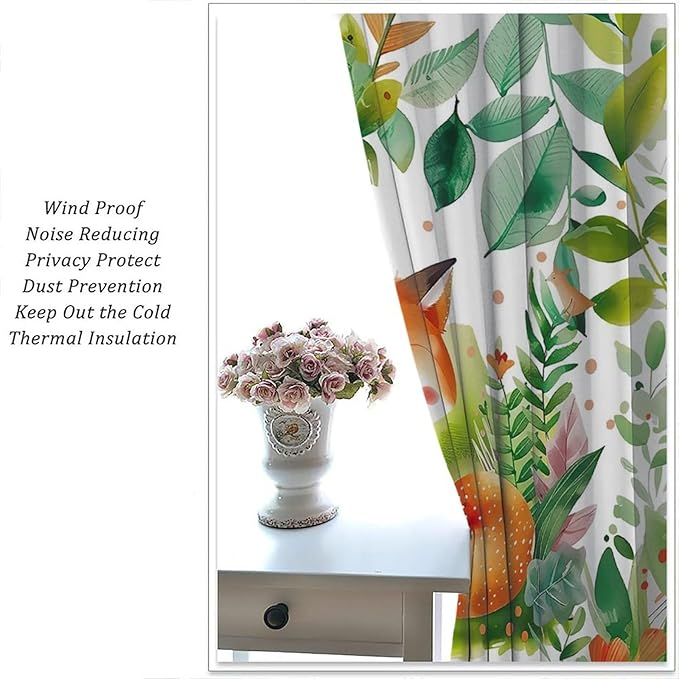 Kids Fox Blackout Curtain Cute Cartoon Fox Window Treatment for Girls Boys Bedroom Wildlife Woodland Animal Botanical Plant Window Drapes for Living Room Teens Nursery W72xL63