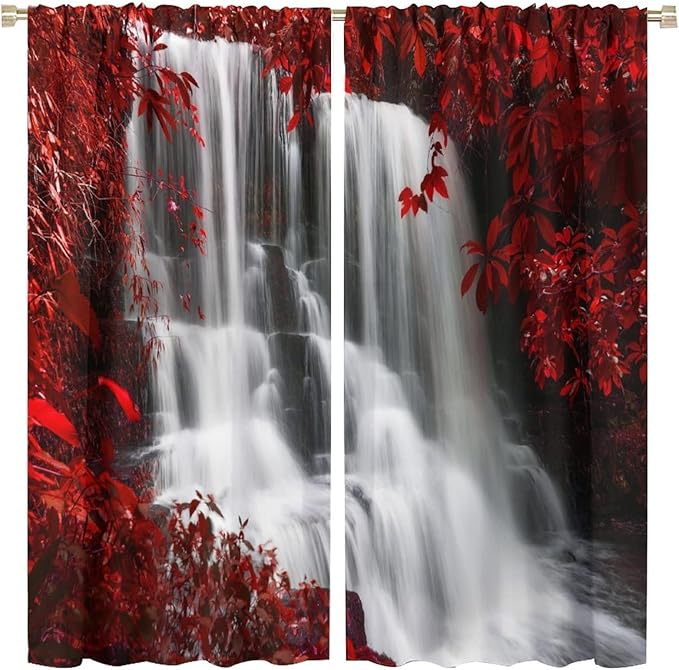Red Forest Waterfall Blackout Windows Curtains, Waterfall Red Forest Black and Red Natural Landscape Print Window, for Living Room Bedroom 63x63in 2 Panels