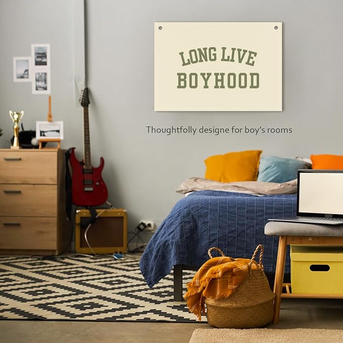 Long Live Boyhood Boys Room Decor - Linen Nursery Banner for Toddler Room Decoration, Farmhouse Kids Wall Hanging, Canvas Banner Flag for Baby Shower, Birthday Gift - A13