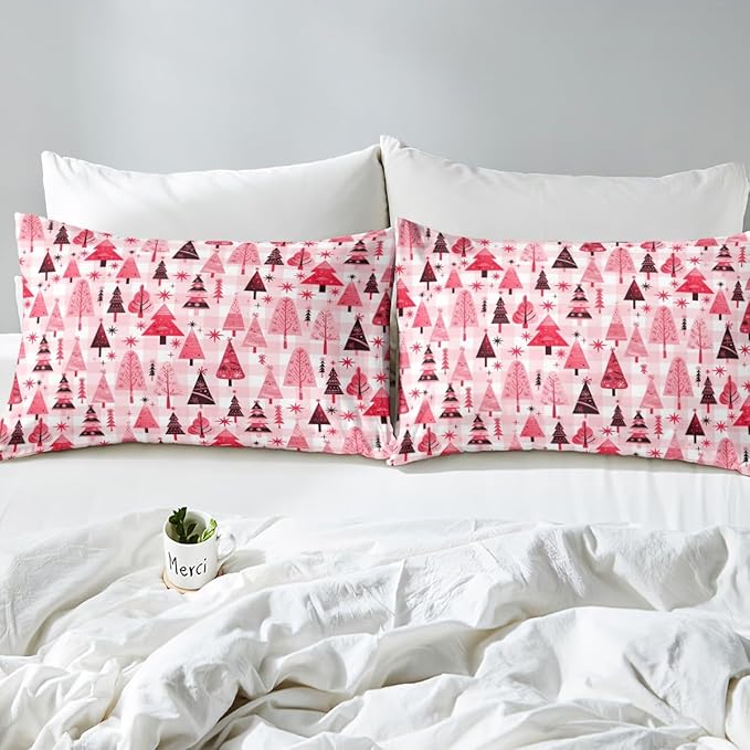 Manfei Cartoon Tree Duvet Cover Set King Size, Christmas Theme Bedding Set 3pcs for Kids Girls Adults, New Year Pink Plaid Comforter Cover Soft Polyester Quilt Cover with 2 Pillowcases,No Comforter