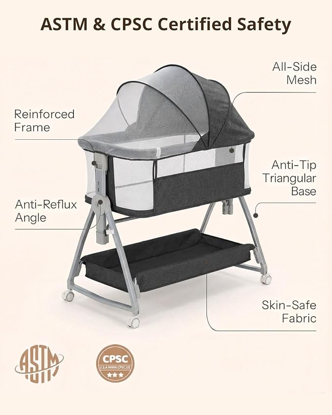Baby Bassinet Bedside Sleeper, 3 in 1 Rocking Bassinet for Baby, Arms Reach Co Sleeper Bassinet with Wheels, Adjustable Height, Storage, Mattress & Canopy (Black)