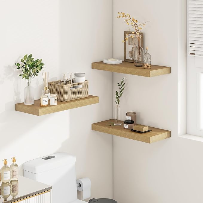 Vivelove 12 Inch Deep Floating Shelves 24 inch Long, 24 x 12 Wide Wall Shelves with Invisible Brackets, Shelf for Bedroom Bathroom Living Room Kitchen Office Home Decor, Modern Shelf Set of 2, Oak