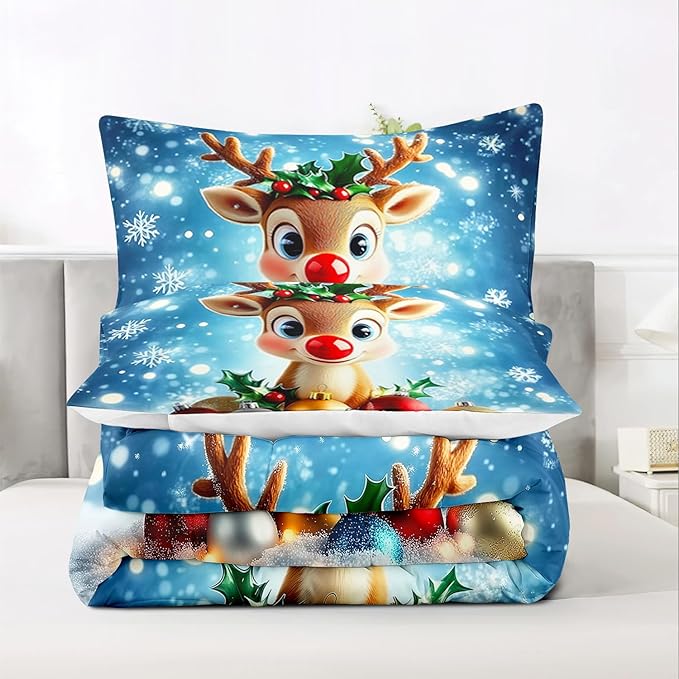 Raphus cucullatus Christmas Bedding Full,Reindeer Christmas Decor Comforter Set,Holiday Bedding Winter Quilt,Snowflake Navidad Comforter Set Full,Cute red Nose Reindeer Quilt
