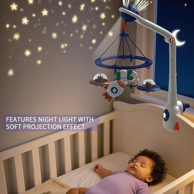 Musical Baby Mobile, Space Themed Nursery Mobile with Light Projection, Rocket and Spaceship Teether Toys, Hanging Toy Mobile for Crib