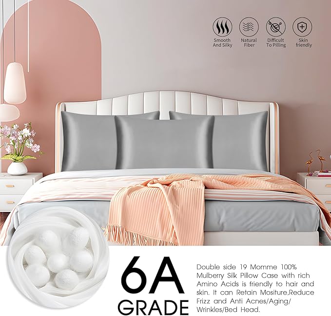 100% Mulberry Silk Zippered Bed Pillowcase for Hair and Skin,Zip Up Real Silk Large Pillow Case,19 Momme Grade 6A,1pc,Silver Grey,Super King Size 20x36 Inches