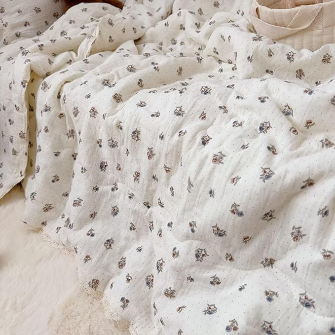BuLuTu Musiln Cotton Kids Quilt Twin Size Bed Blanket Chic Pansy Floral Print Comforter for Girls Boys Children Bedroom, Soft Breathable Kids Comforter with Lace Edges, 60x78 Inches