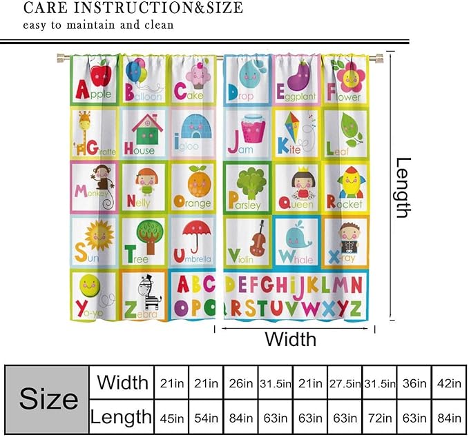 Kids Alphabet Curtains Cute Cartoon Education Learning Funny Teaching Words Curtain with Rod Pocket for Bedroom Nursery Home Decor Drapes Window Treatments 2 Panels Set 72" W X 63" L